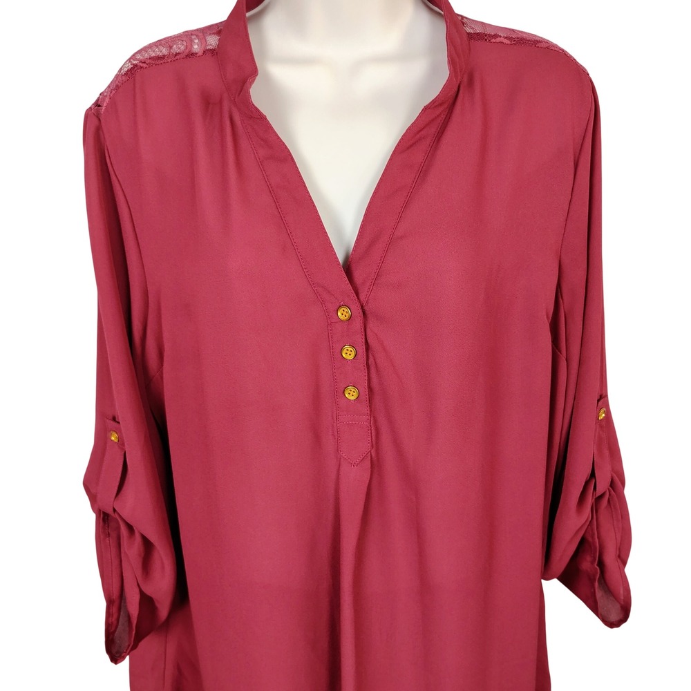 rue21 Womens XL‎ Burgundy Lace Back Roll Tab Sleeve Henley Blouse Top Wine Red